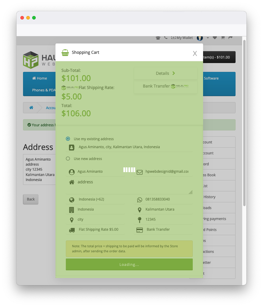 loading animation after confirming checkout